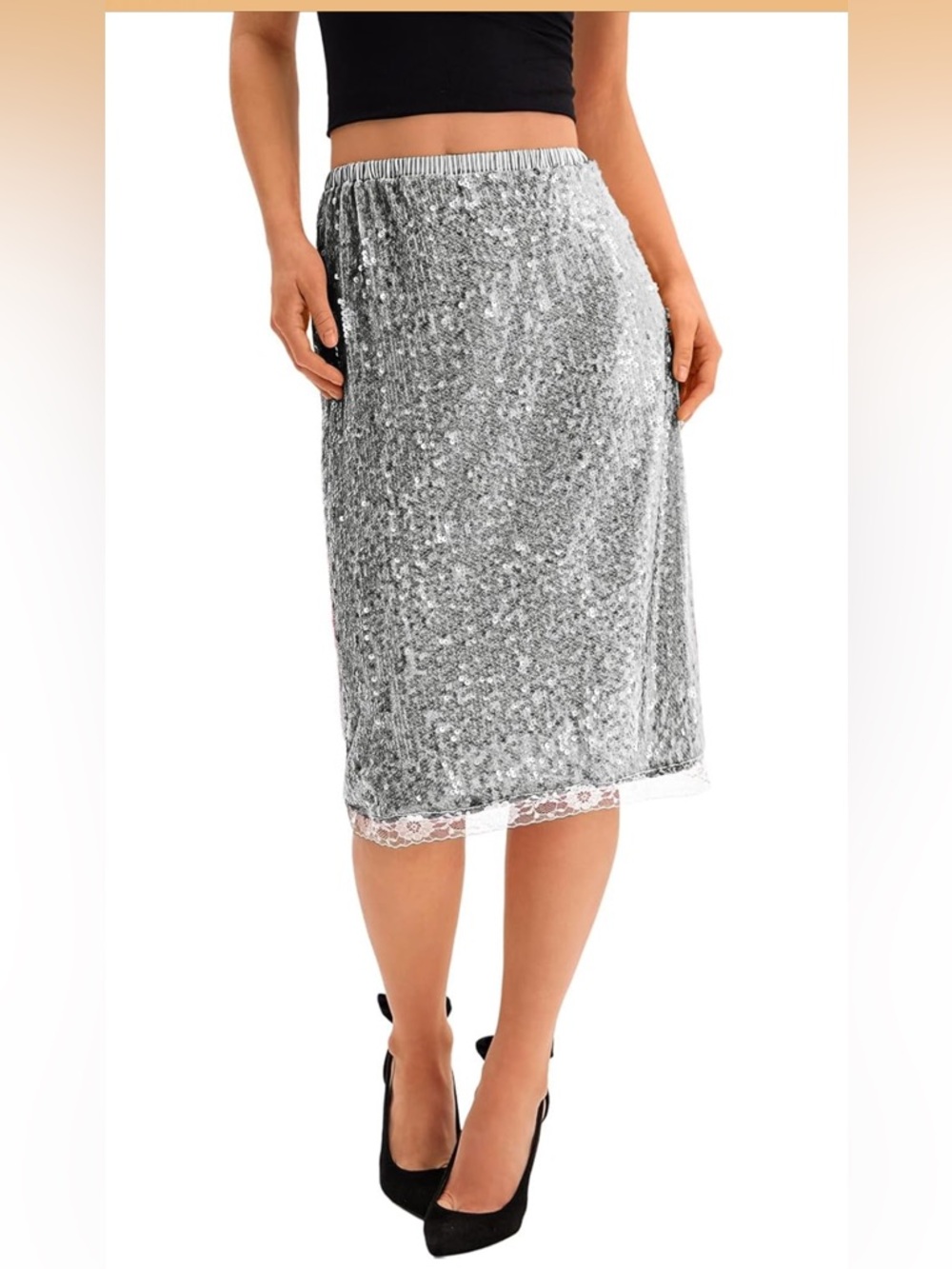 NWT Womens Small Silver Sequin Skirt - Lace Trim - Elastic Waist